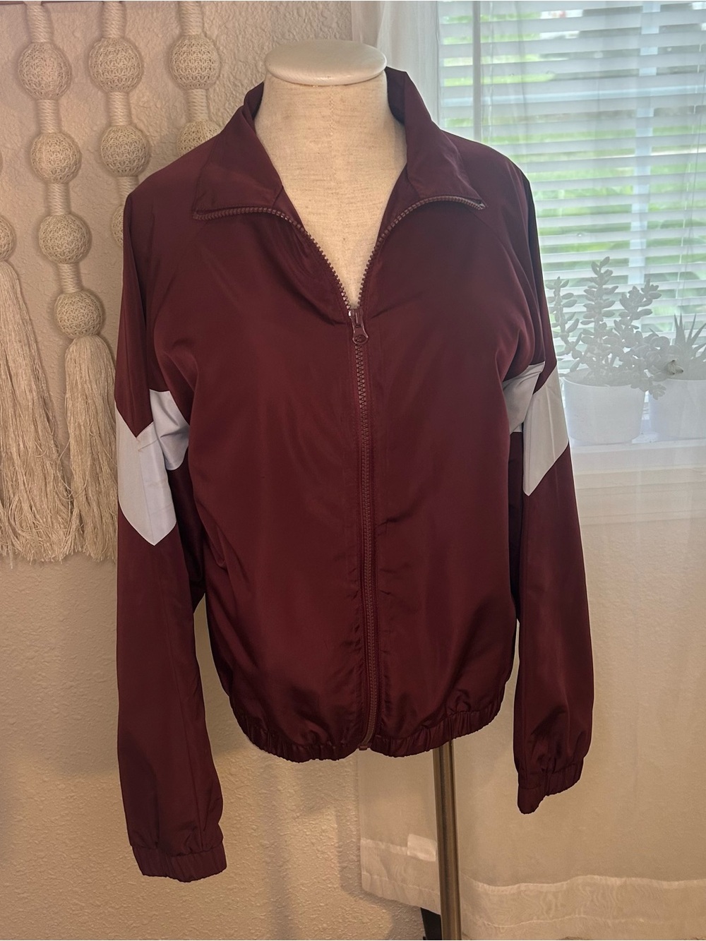 Forever 21 Burgundy Windbreaker with White Shoulder Panels